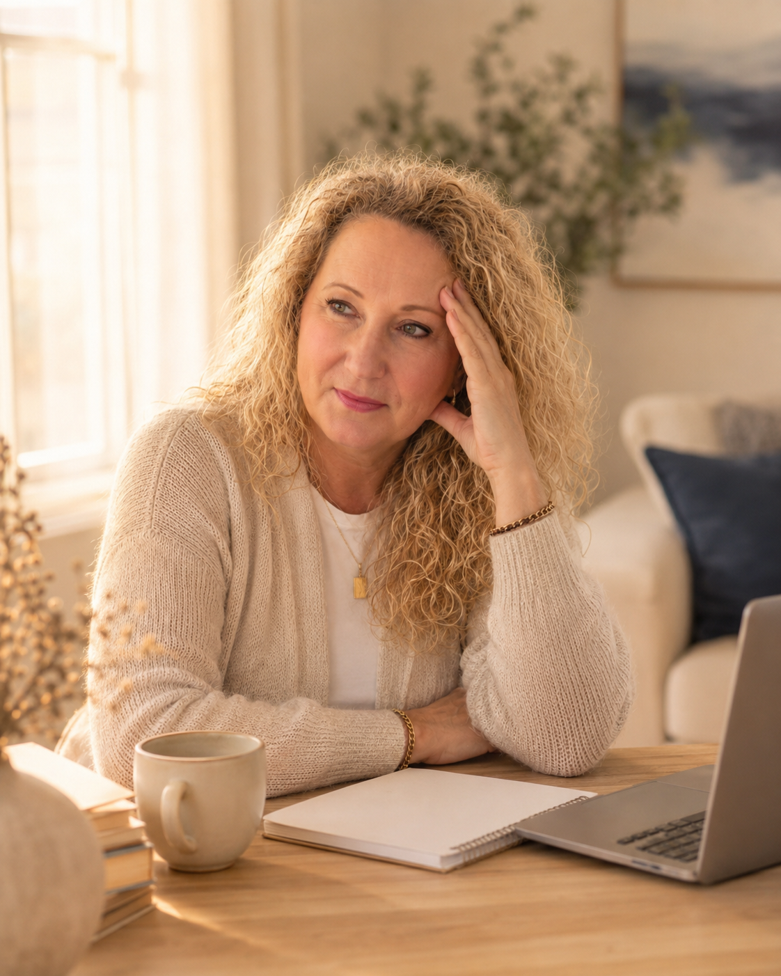 Gabi Maria Fenner nachdenklich am Schreibtisch – Symbolbild für Geistliche Prokrastination